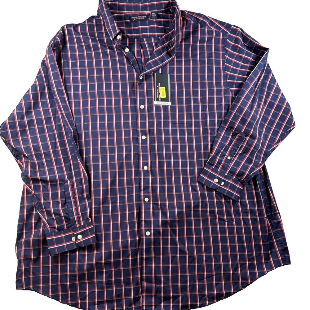 Mens 4XT Button-Front Shirt Roundtree & Yorke Navy Plaid Performance Stretch